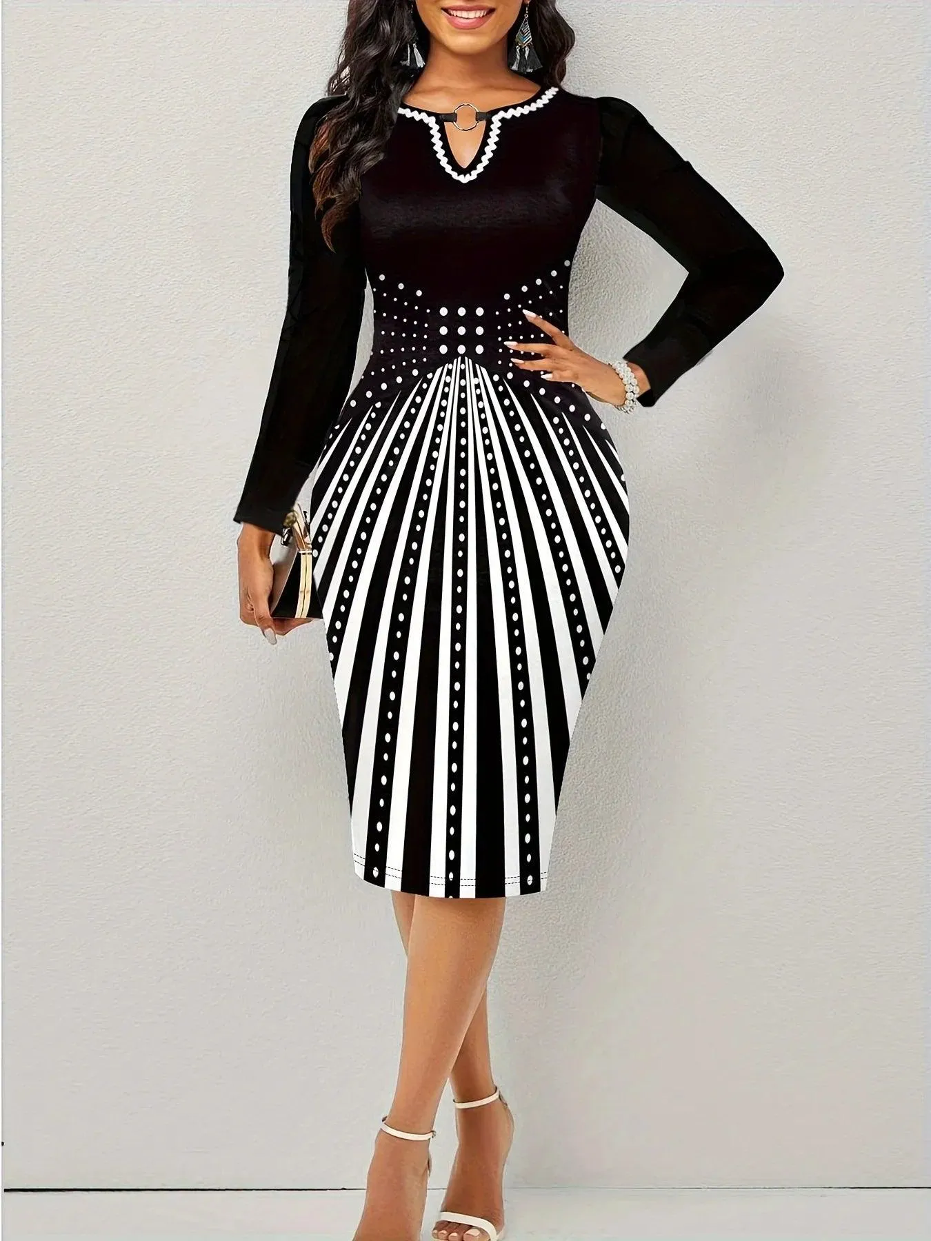 Secret Elegance: Geometric Pattern Long Sleeve Bodycon Dress