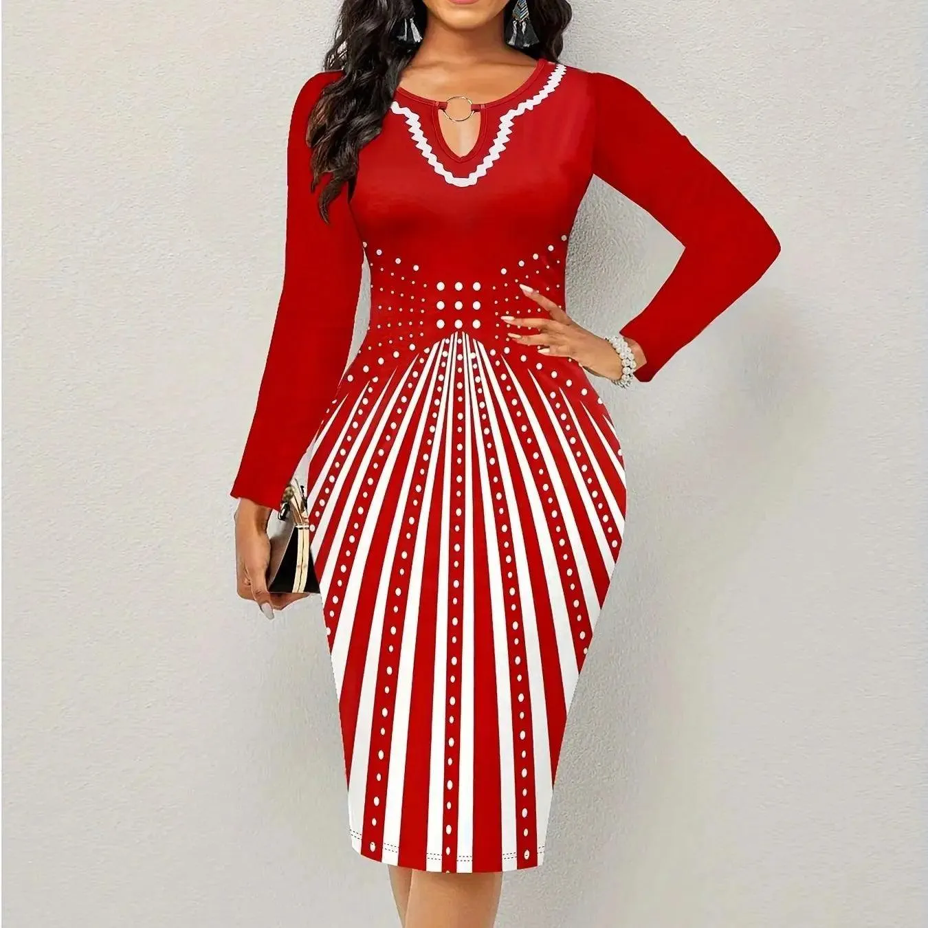 Secret Elegance: Geometric Pattern Long Sleeve Bodycon Dress