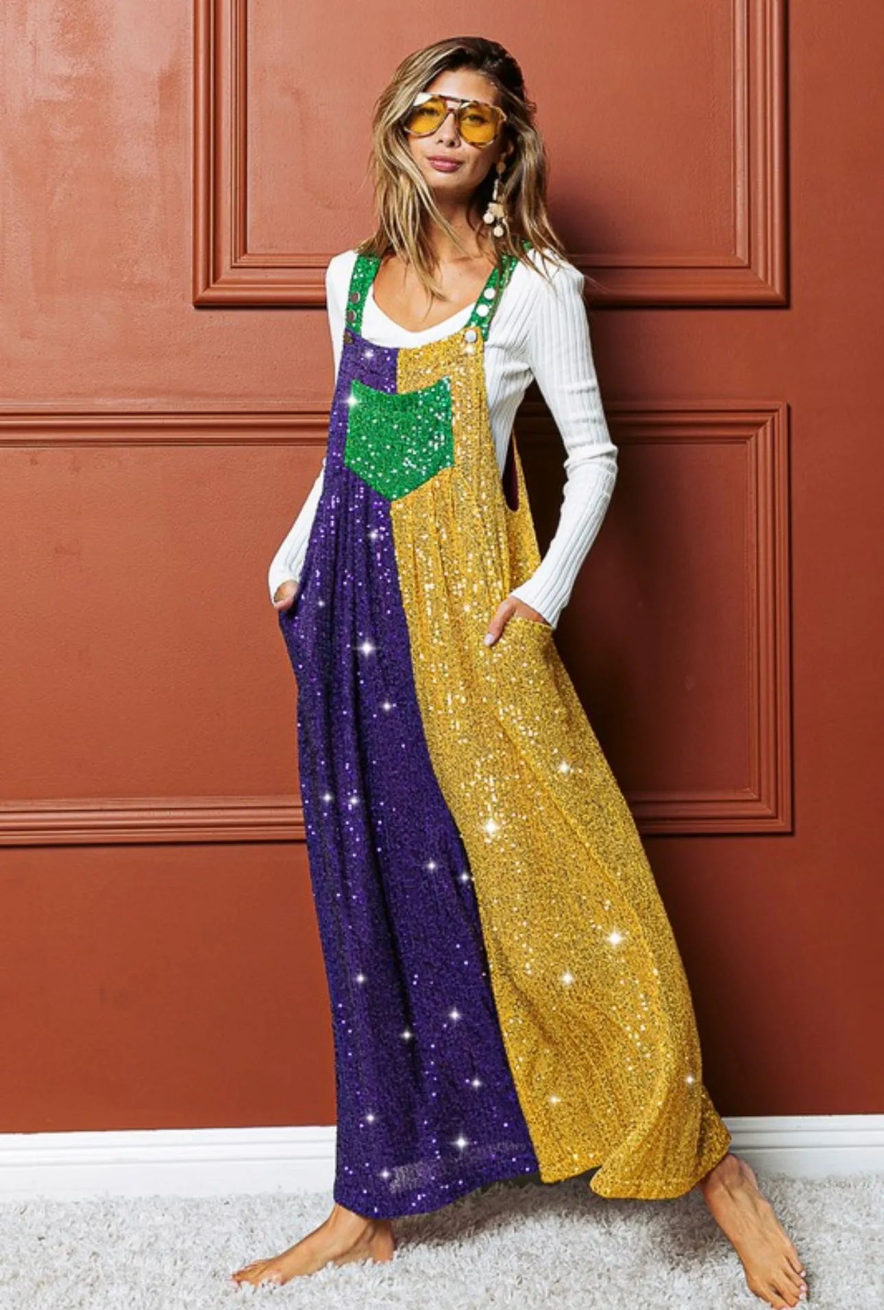 Sequin Mardi Gras Color Block Overalls