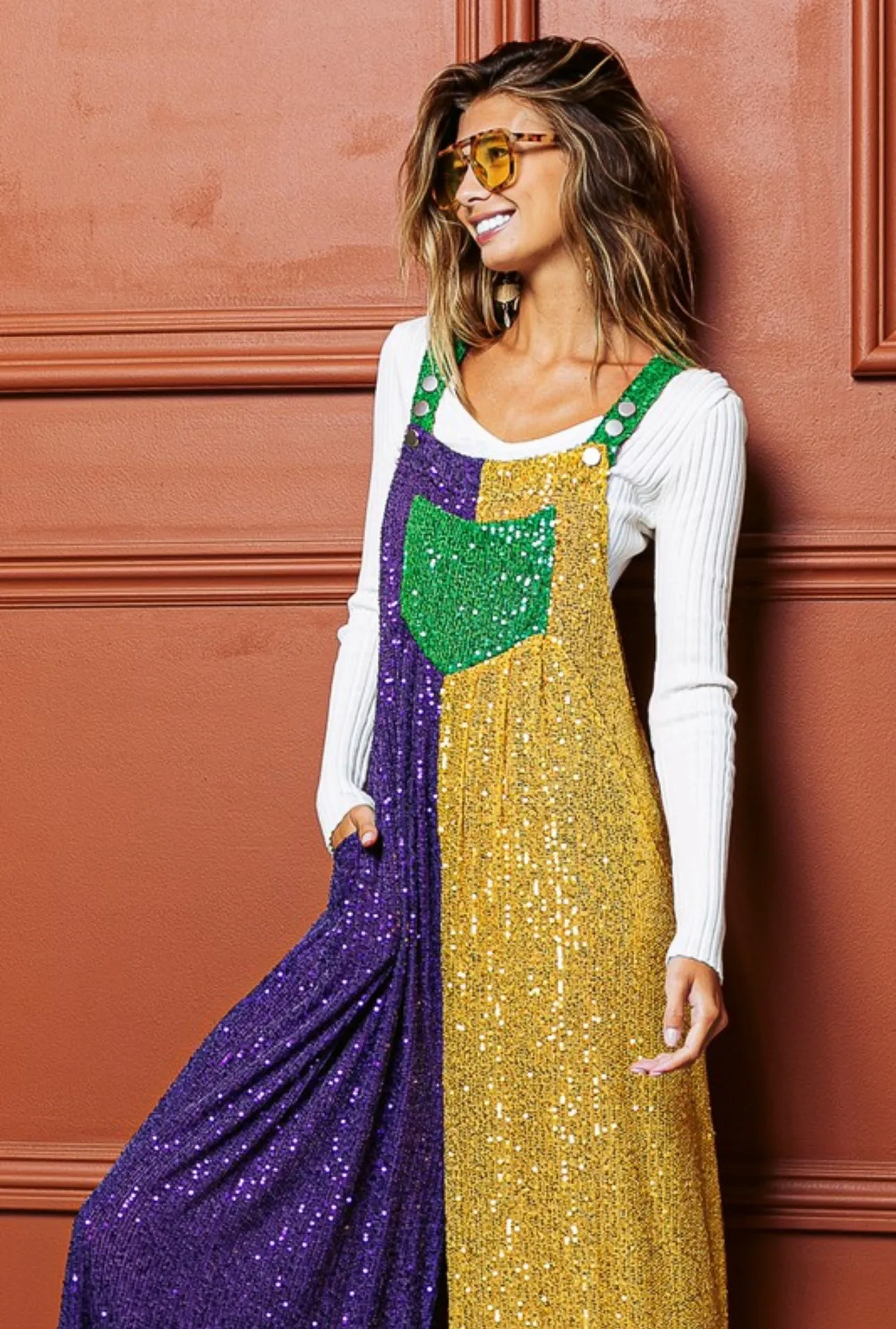 Sequin Mardi Gras Color Block Overalls