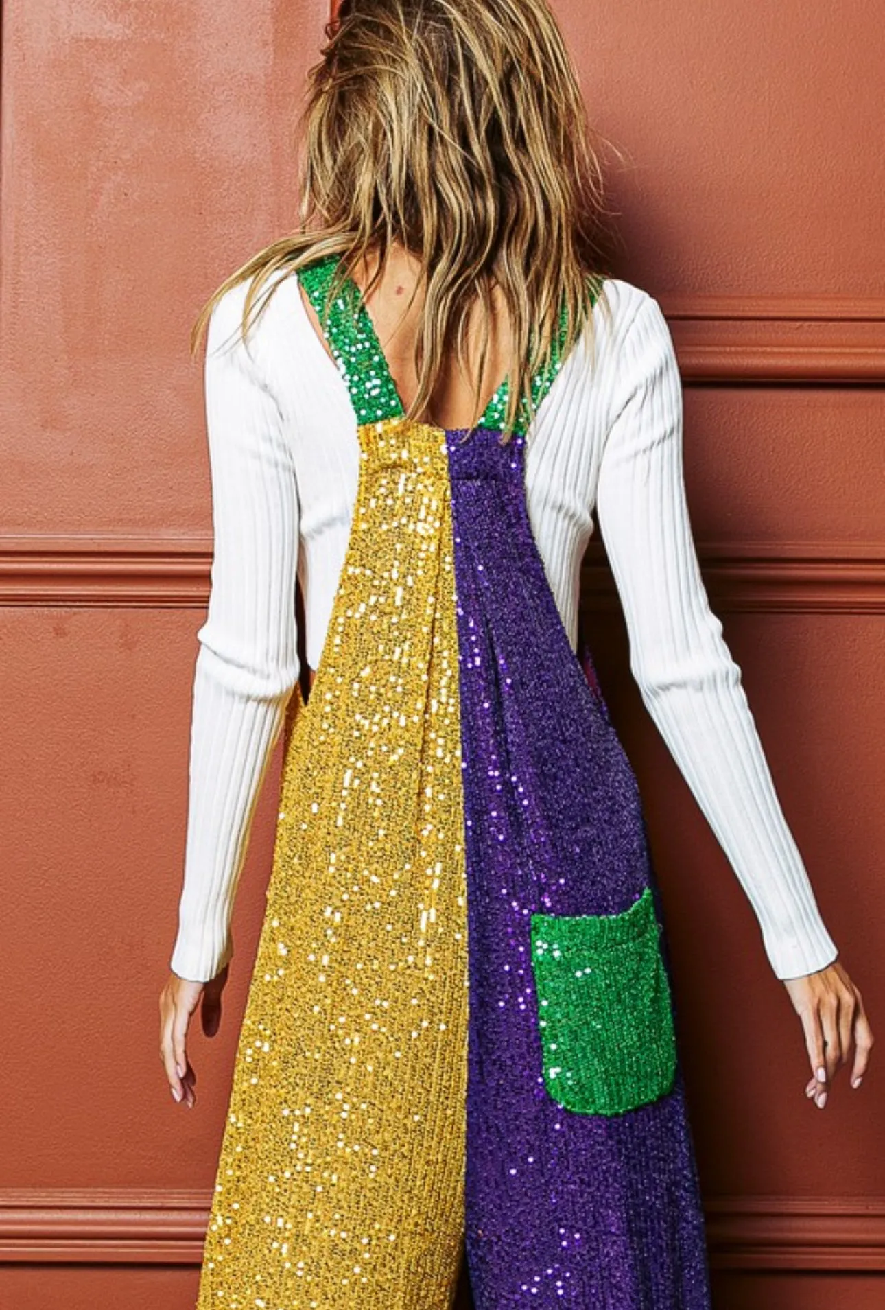 Sequin Mardi Gras Color Block Overalls