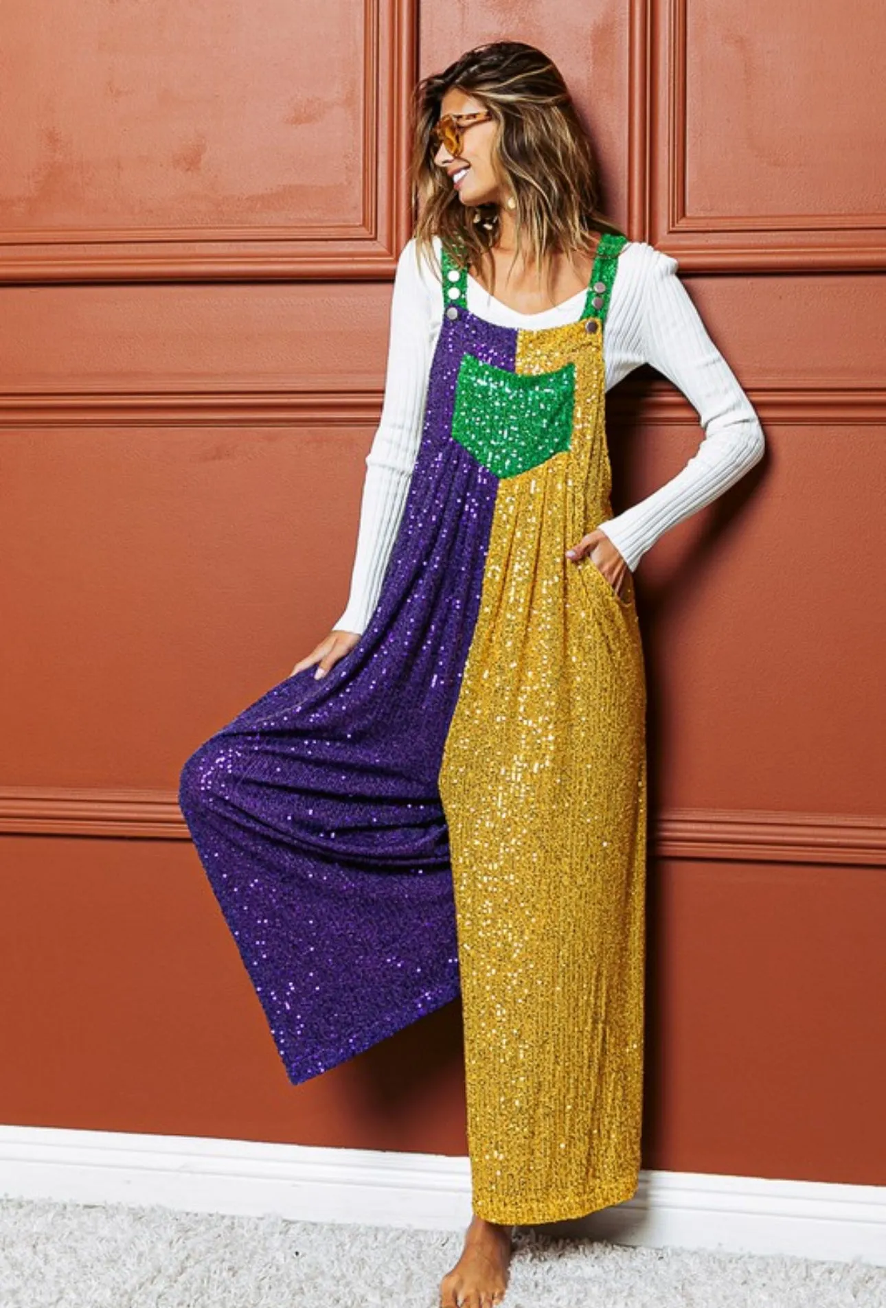 Sequin Mardi Gras Color Block Overalls