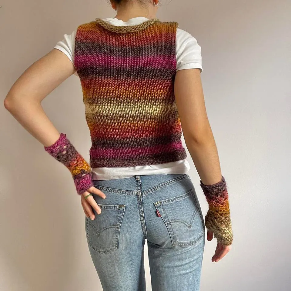 SET - Handmade sweater vest and matching gloves in Sunset Shades