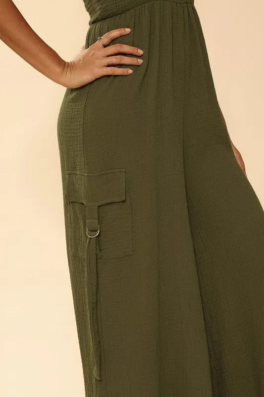 Smocked wide leg cargo jumpsuit