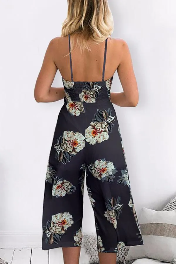 Spaghetti Strap Sleeveless Loose Floral Jumpsuit