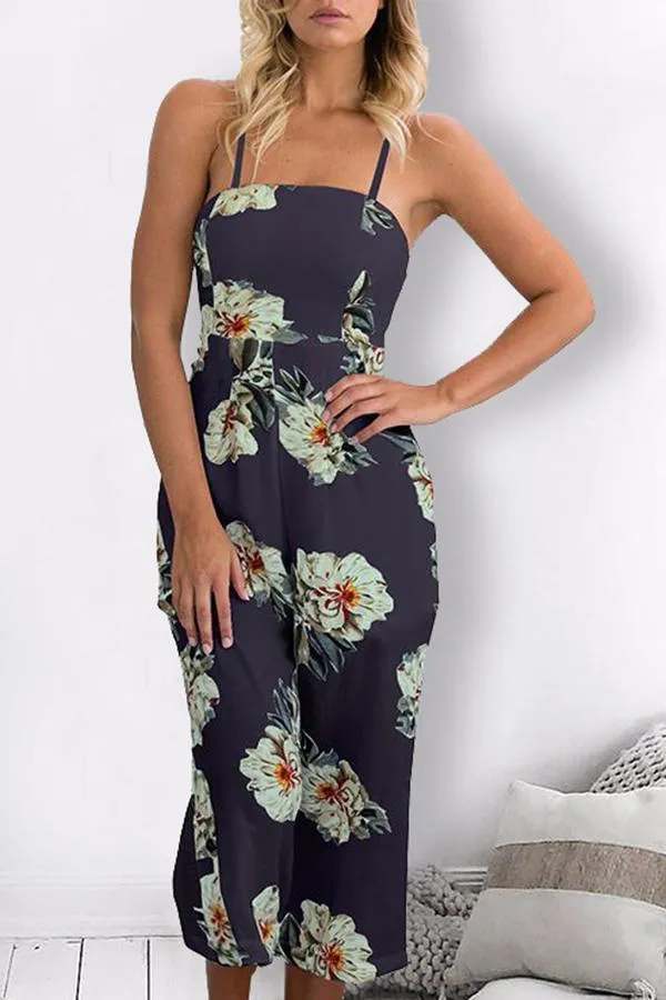 Spaghetti Strap Sleeveless Loose Floral Jumpsuit