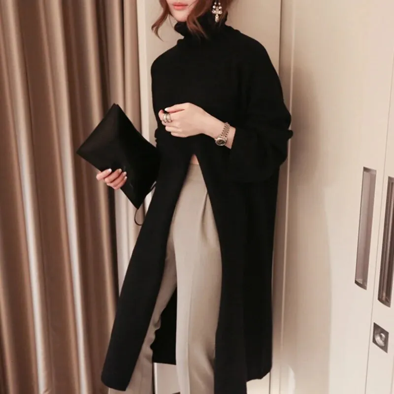 Split Black Sweater Women Long Sleeve Turtleneck Knitted Pullover Tops Female Clothes Korean Winter