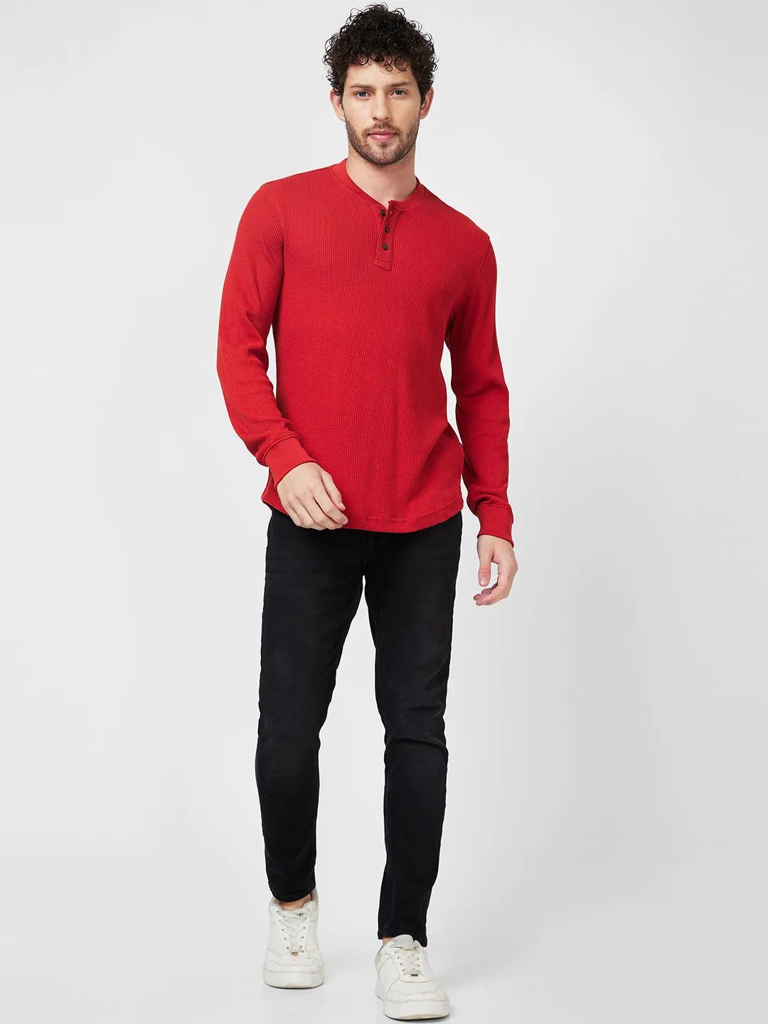 Spykar Henley Neck Full Sleeve Orange Solid T-Shirt For Men