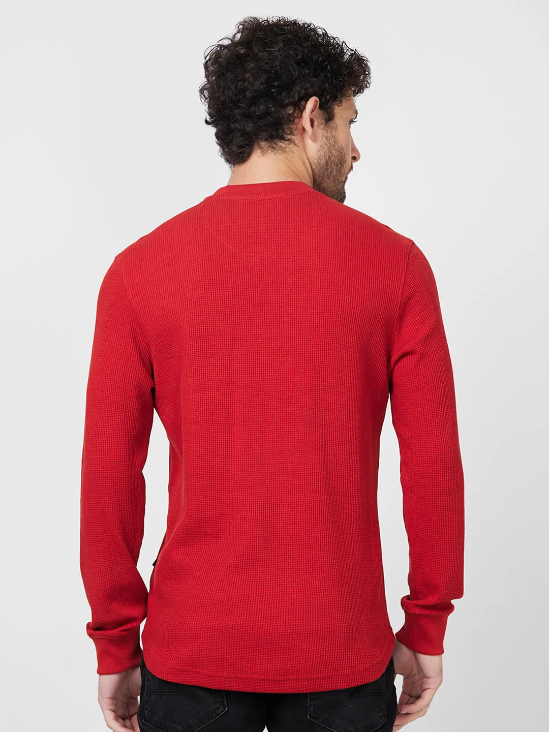 Spykar Henley Neck Full Sleeve Orange Solid T-Shirt For Men