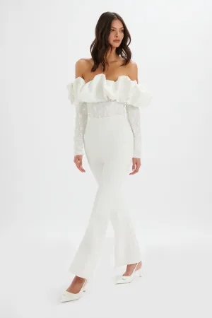 TALLULAH 3D Embroidered Satin Puff Jumpsuit in White