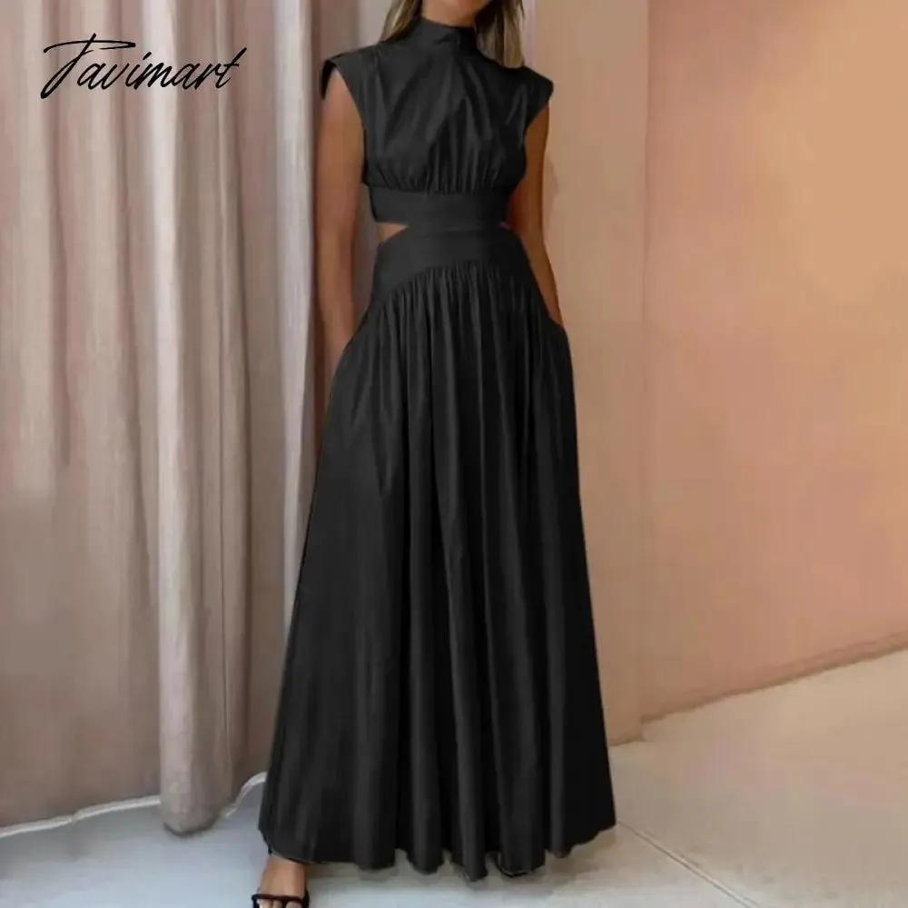 Tavimart Summer Women Clothing Sleeveless Maxi Dresses Solid Color Party Femme Robe Casual Turtleneck High Waist Vestidos De Mujer Dress