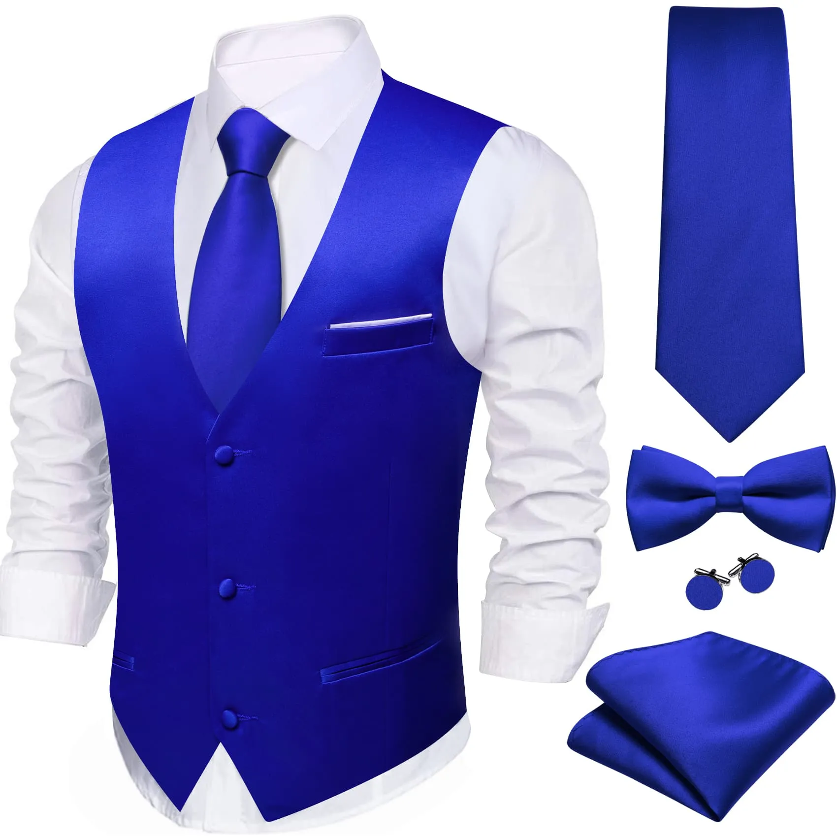 Ties2you Work Vest Zaffre Blue Solid Mens Dress Vest Necktie Bowtie Set 5PC