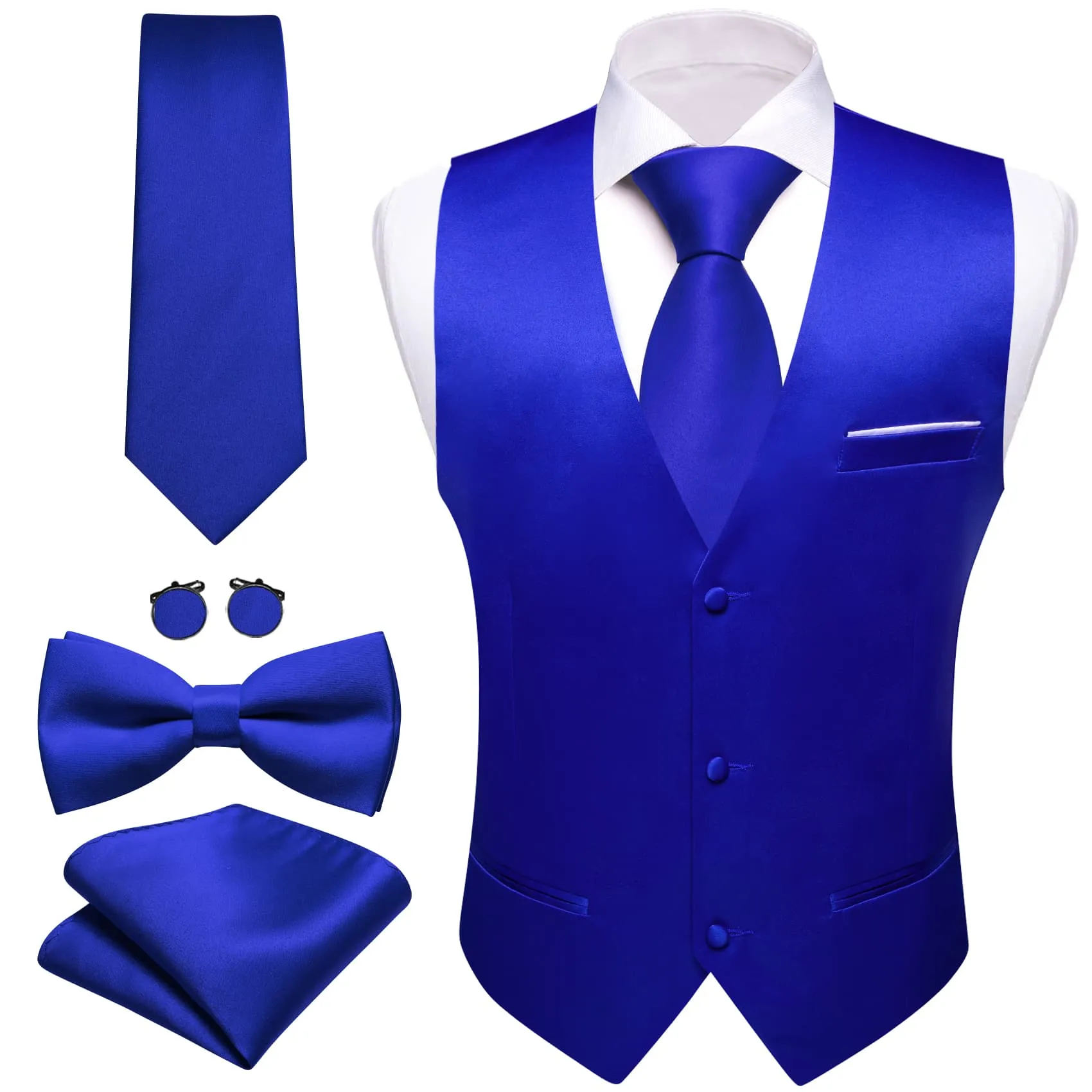 Ties2you Work Vest Zaffre Blue Solid Mens Dress Vest Necktie Bowtie Set 5PC