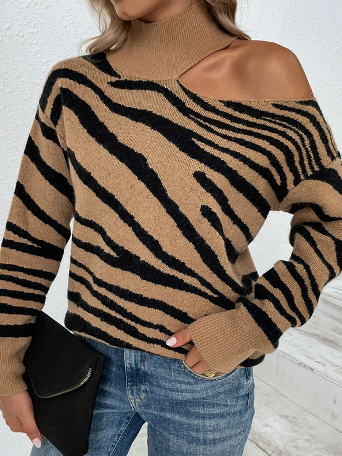 Tiger Print Cold-Shoulder High Neck Sweater