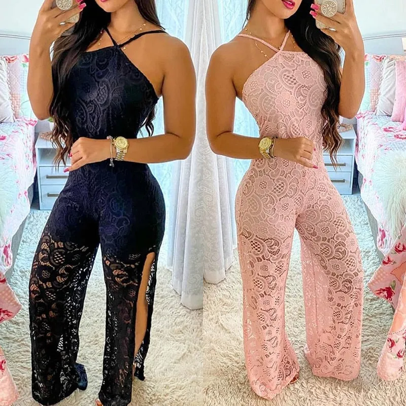 Trendy Halter High Slit Crochet Lace Jumpsuit