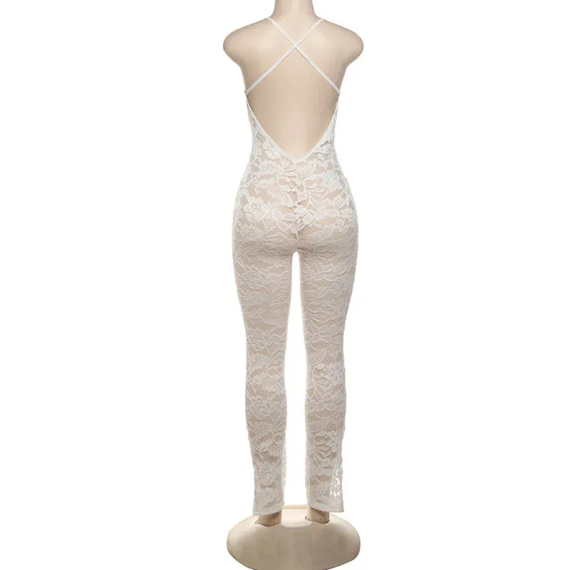 Trendy Mesh Lace Halter Jumpsuit