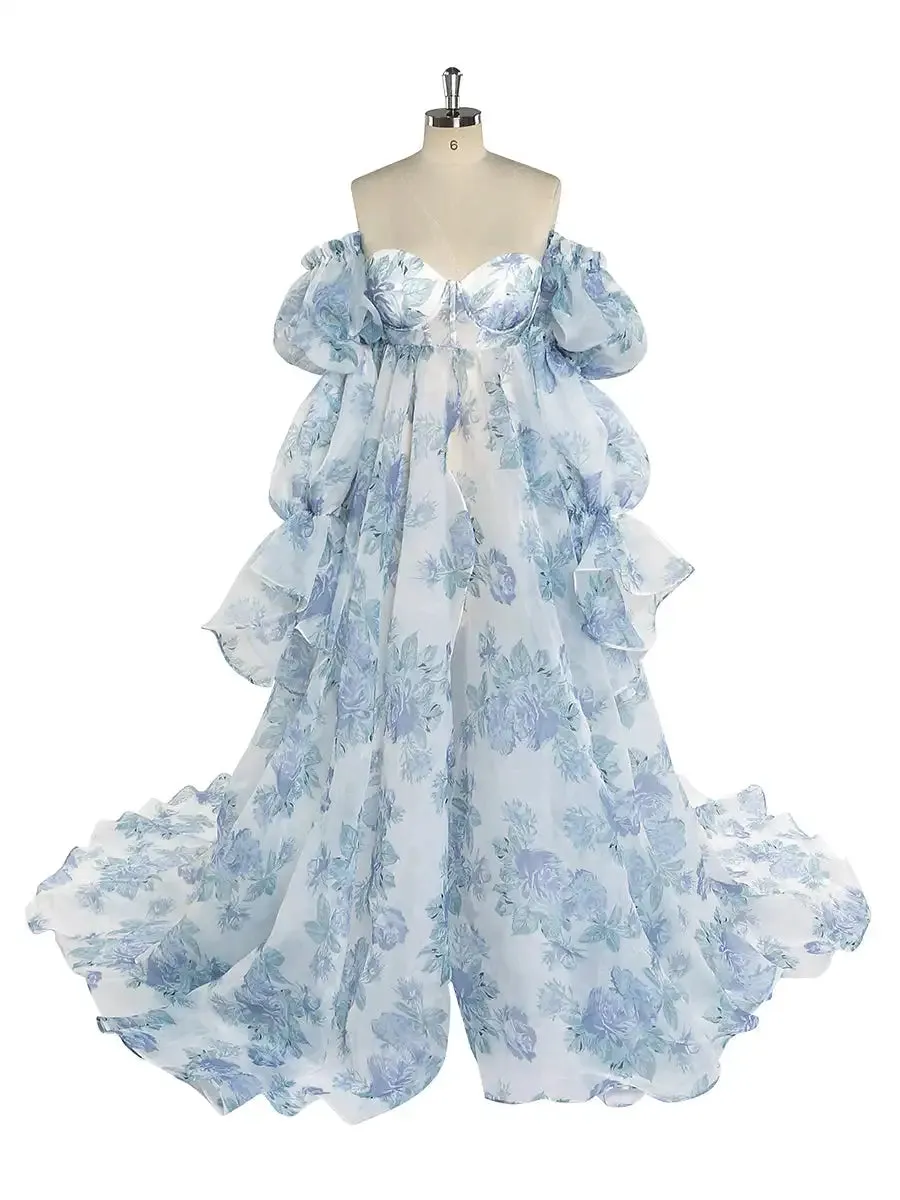 Uniwim  Blue New Floral Printing Silk Organza Maternity Gown for Baby Shower Photography Photo Shoot Dress Props Lace UP Back