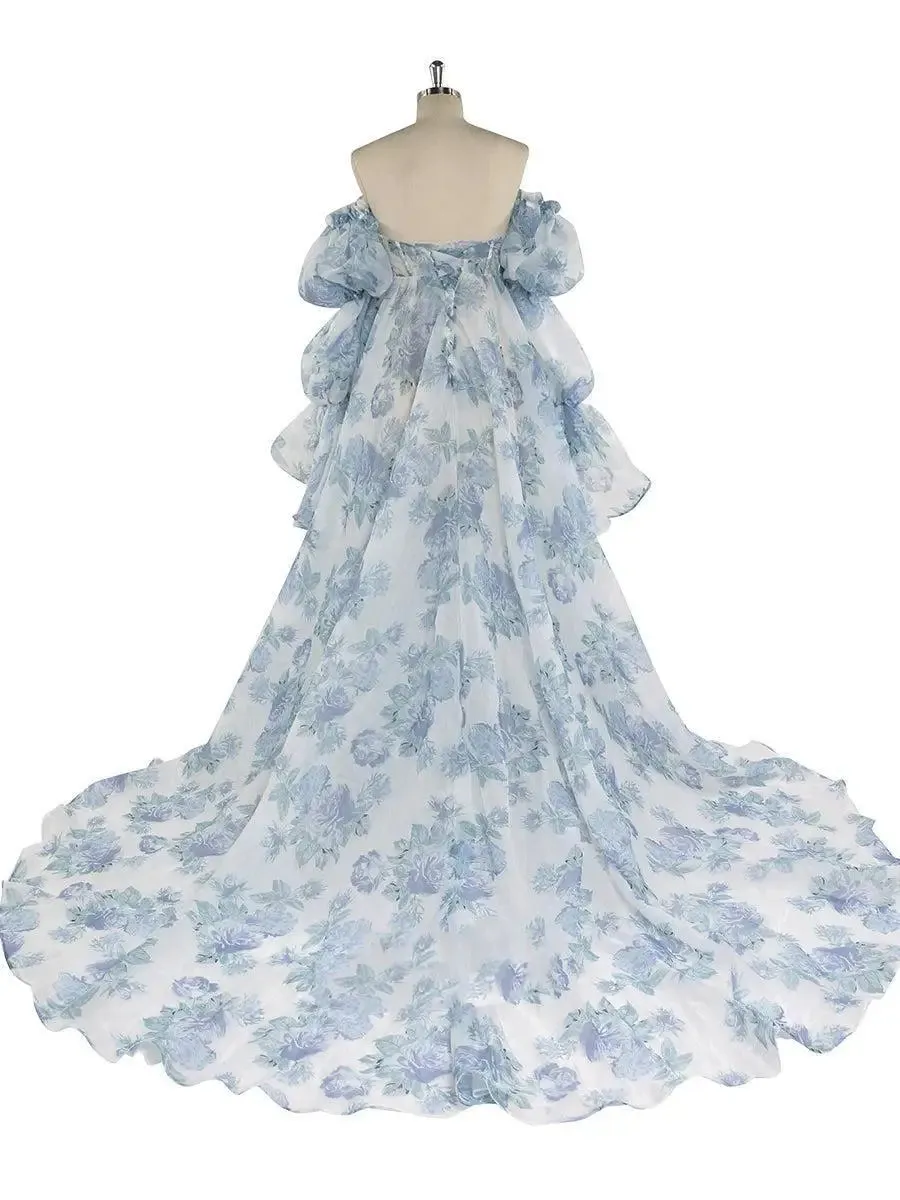 Uniwim  Blue New Floral Printing Silk Organza Maternity Gown for Baby Shower Photography Photo Shoot Dress Props Lace UP Back