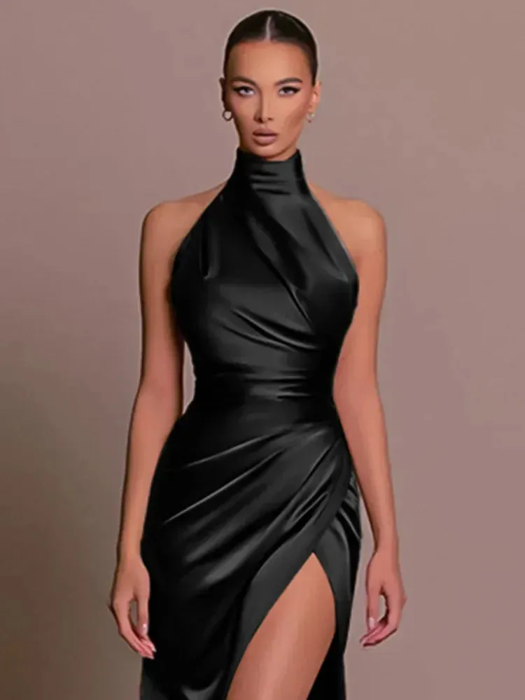 Uniwim Elegant Luxury Party Evening Dress Sexy Women Sleeveless Long Halter Dress Fall Backless High Split Bodycon Maxi Dresses Black