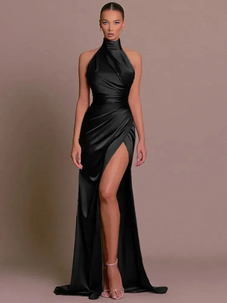 Uniwim Elegant Luxury Party Evening Dress Sexy Women Sleeveless Long Halter Dress Fall Backless High Split Bodycon Maxi Dresses Black