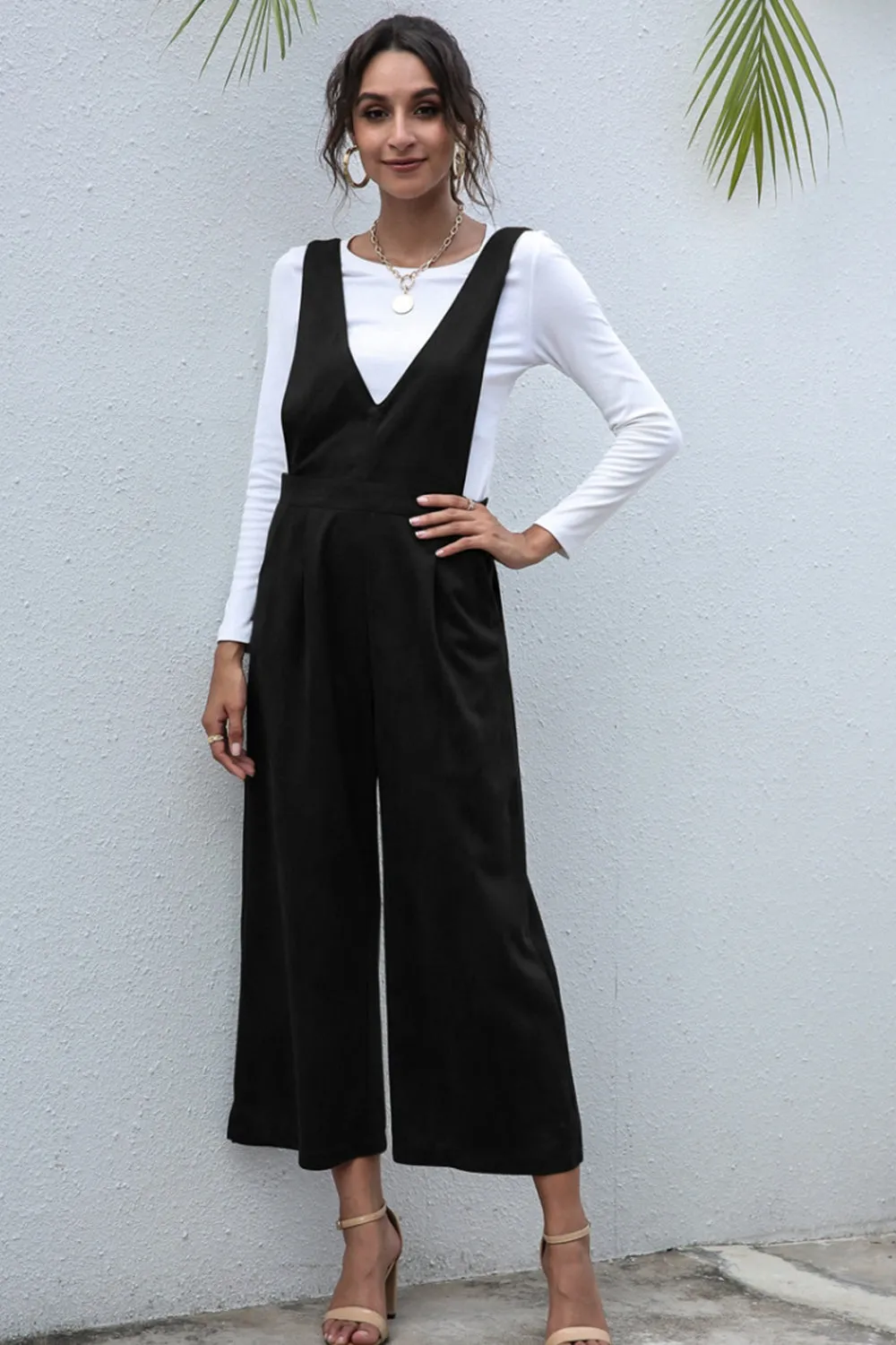 V-Neck Solid Color High Waist Jumpsuit