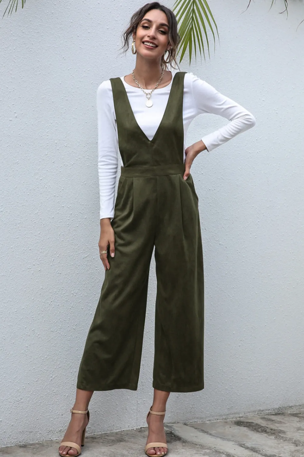 V-Neck Solid Color High Waist Jumpsuit