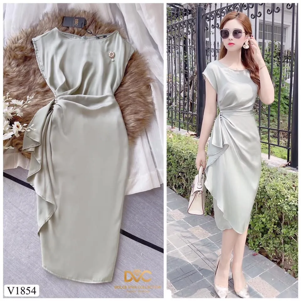 V1854 Pearl Pleated Cross-waist Bodycon Dress