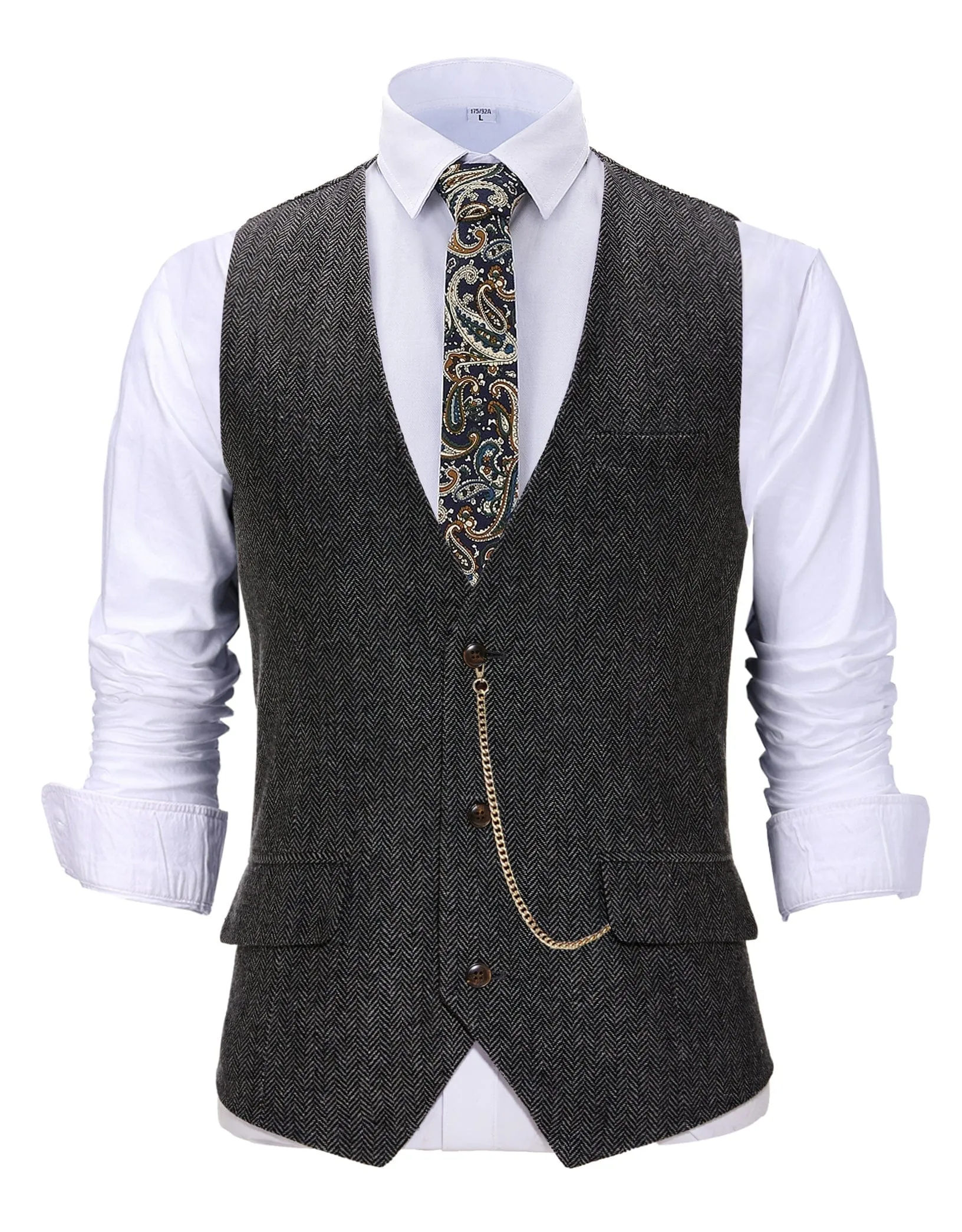 Vintage  Men's Slim Fit Herringbone V Neck Waistcoat