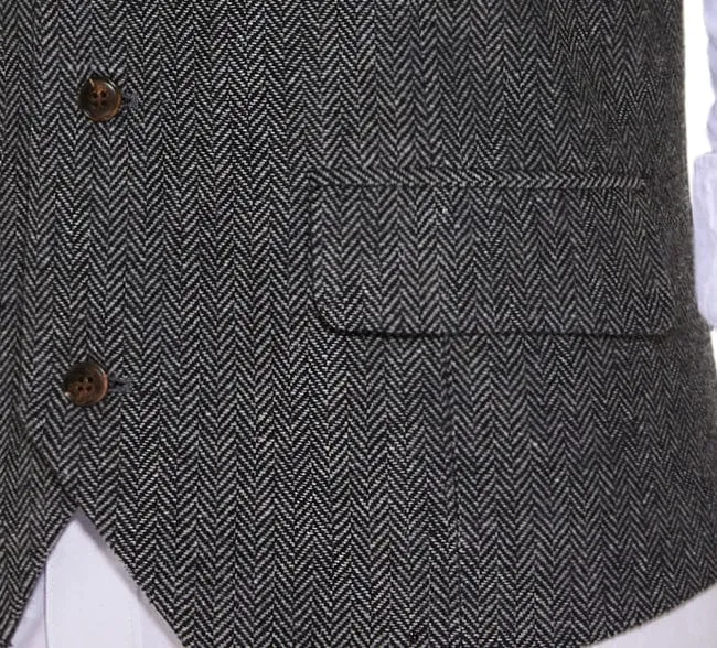 Vintage  Men's Slim Fit Herringbone V Neck Waistcoat