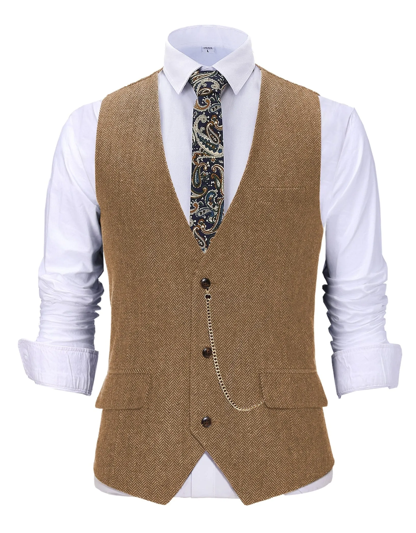 Vintage  Men's Slim Fit Herringbone V Neck Waistcoat