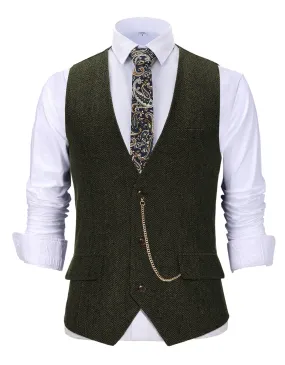 Vintage  Men's Slim Fit Herringbone V Neck Waistcoat