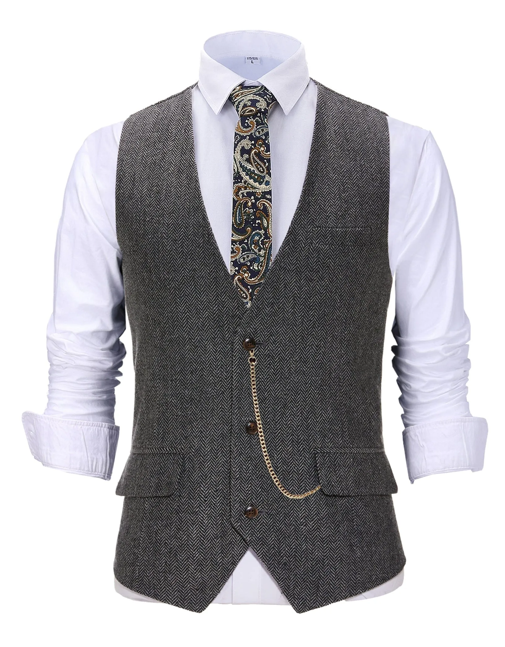 Vintage  Men's Slim Fit Herringbone V Neck Waistcoat