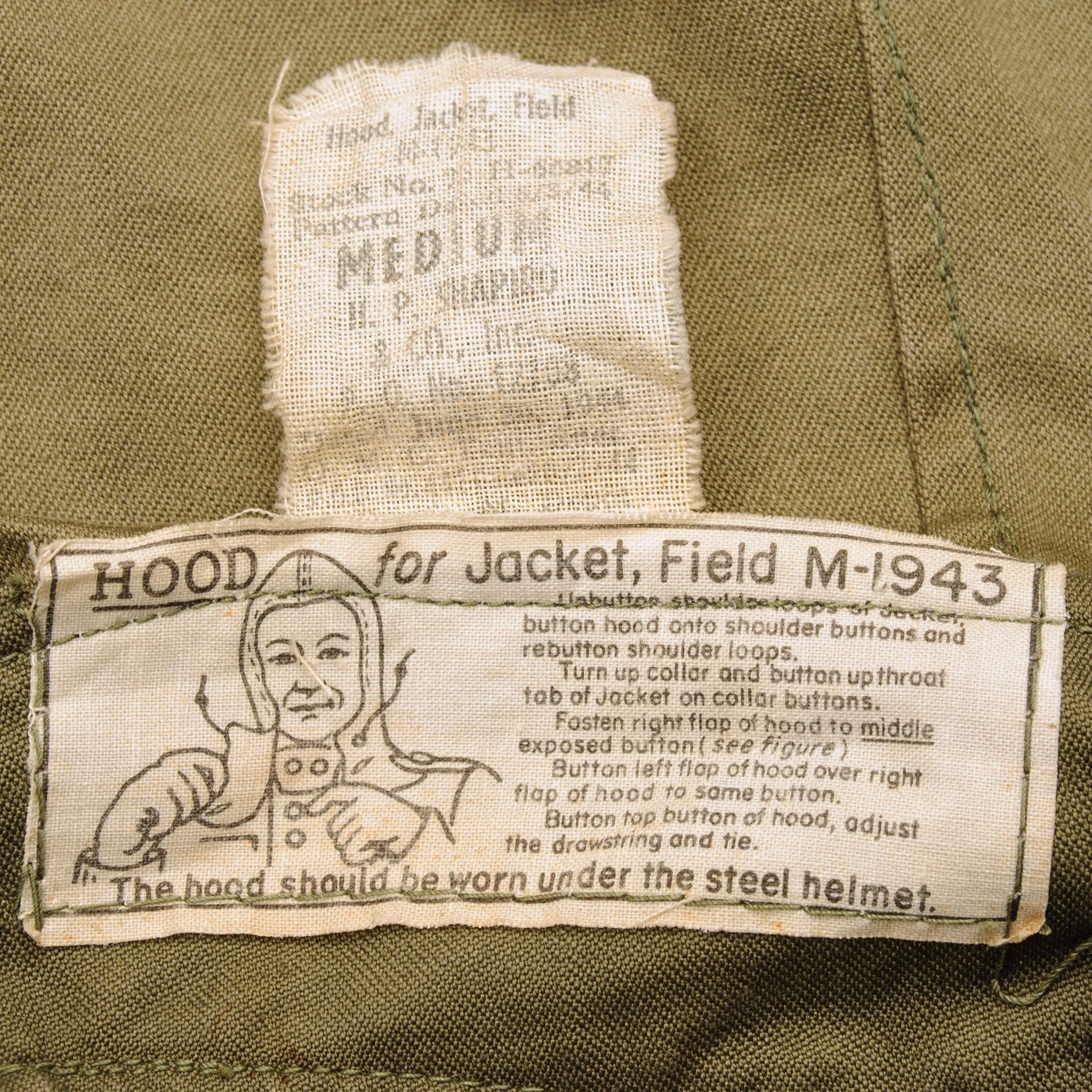 VINTAGE US ARMY M-1943 M43 FIELD JACKET 370D WITH HOOD 1944 WW2 SIZE SMALL