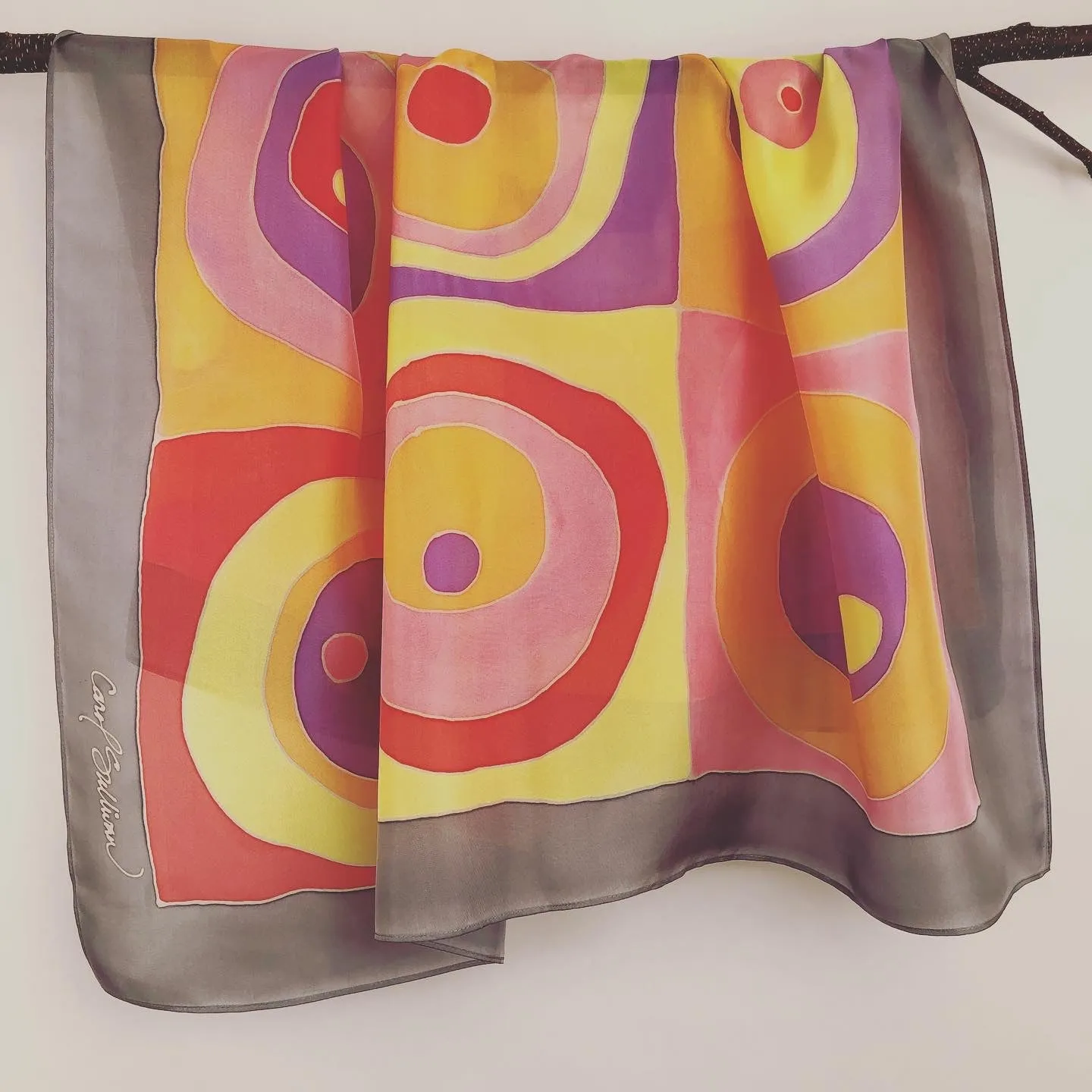 “Warm Circles" - Hand-dyed Silk Scarf - $135