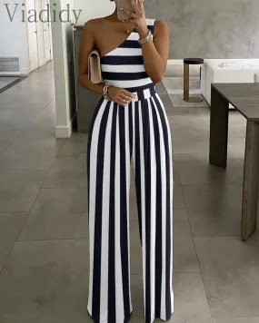 Wenkouban women single shoulder stripes print high waist jumpsuit