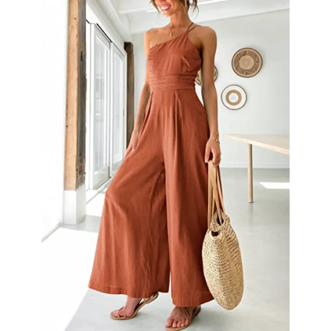 Wide Leg Backless Women's Jumpsuit, Cotton Linen, High Waist, Solid Color