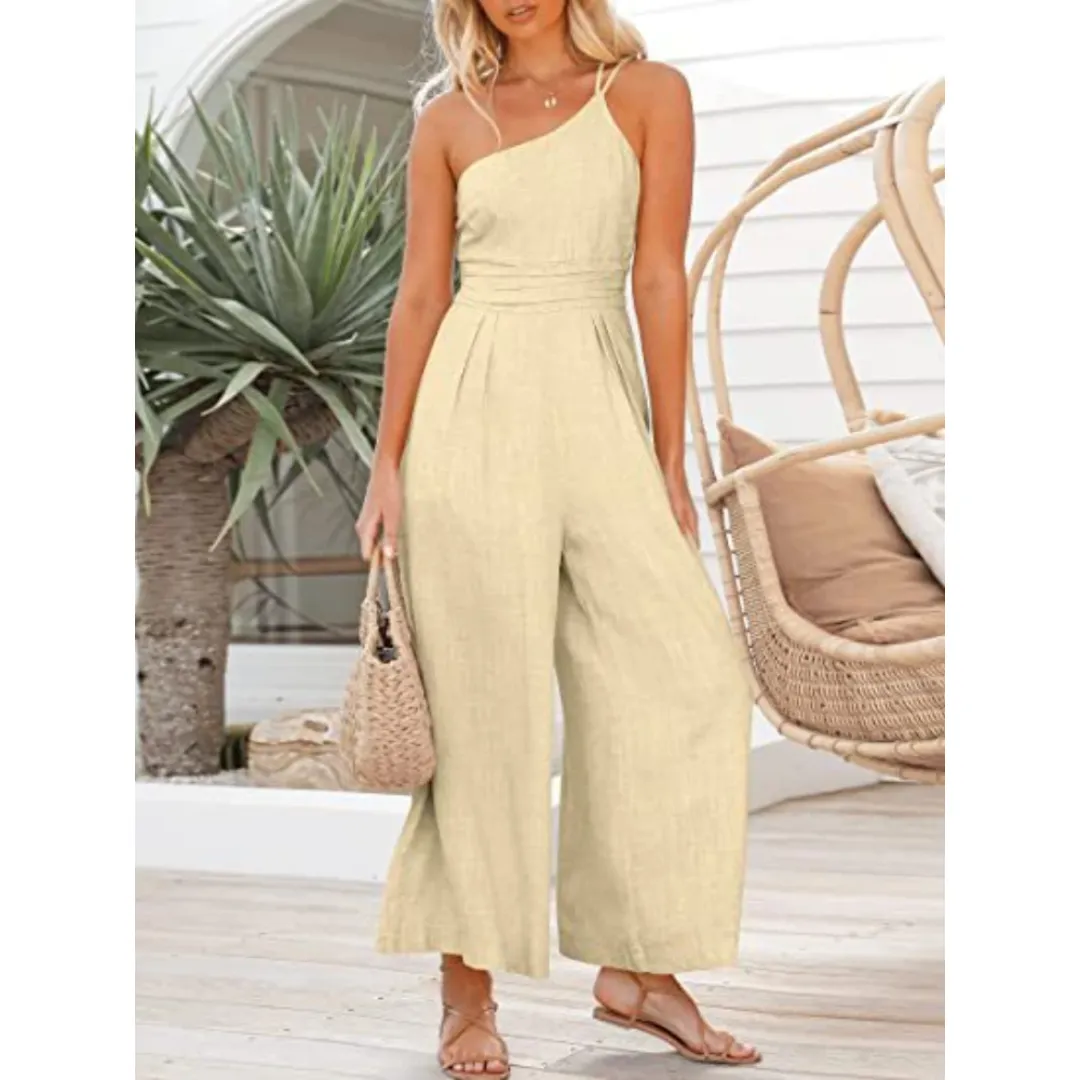 Wide Leg Backless Women's Jumpsuit, Cotton Linen, High Waist, Solid Color