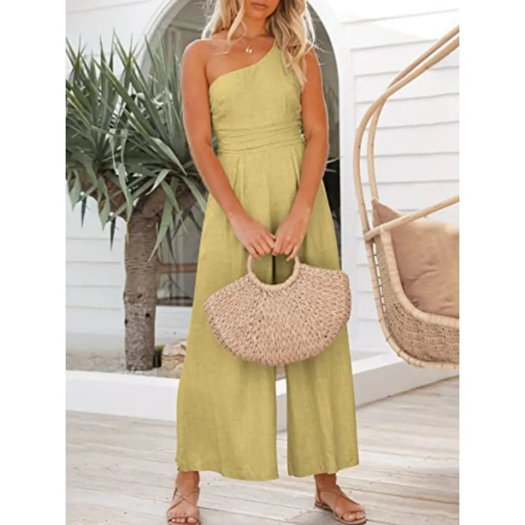 Wide Leg Backless Women's Jumpsuit, Cotton Linen, High Waist, Solid Color