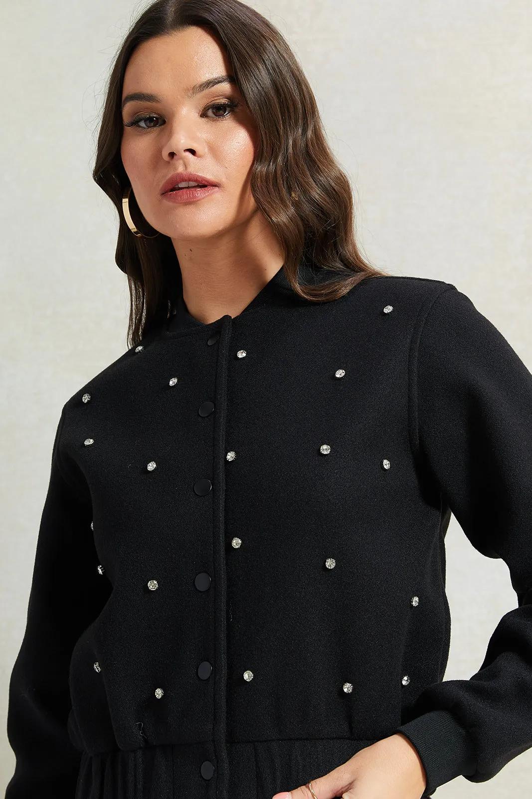 Women Black Studded Bomber Jacket