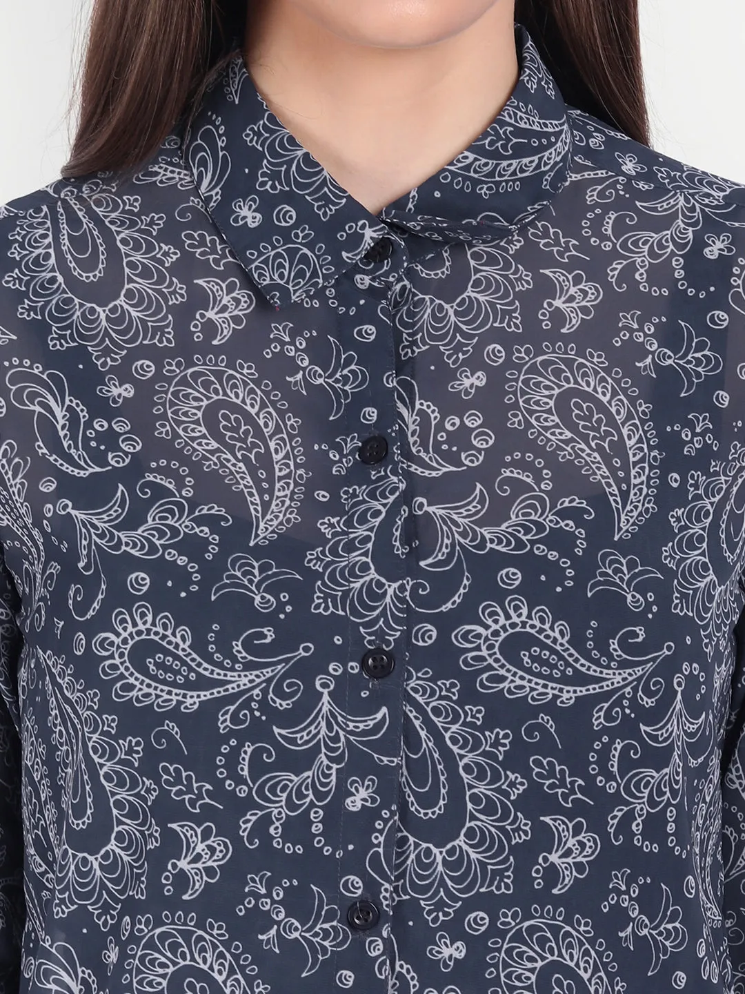 Women Blue & White Relaxed Semi Sheer Paisley Printed Casual Shirt