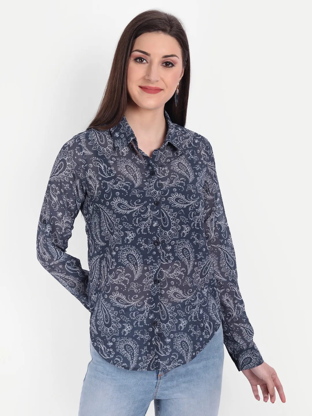 Women Blue & White Relaxed Semi Sheer Paisley Printed Casual Shirt