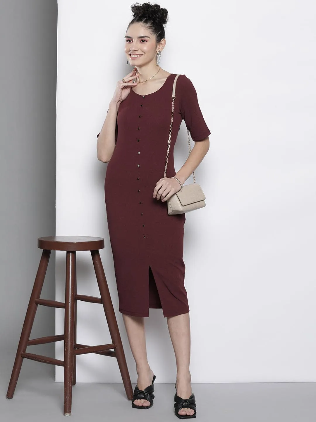 Women Burgundy Front Button Bodycon Dress