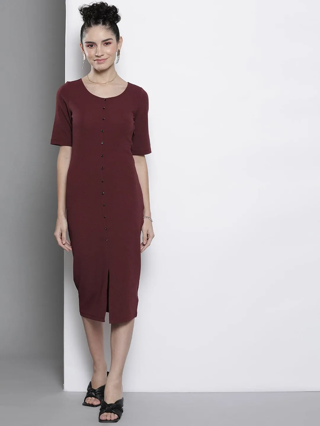 Women Burgundy Front Button Bodycon Dress