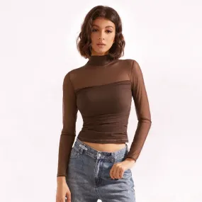 Women Clothing Turtleneck Mesh Stitching Long Sleeve Sexy See through Short Top