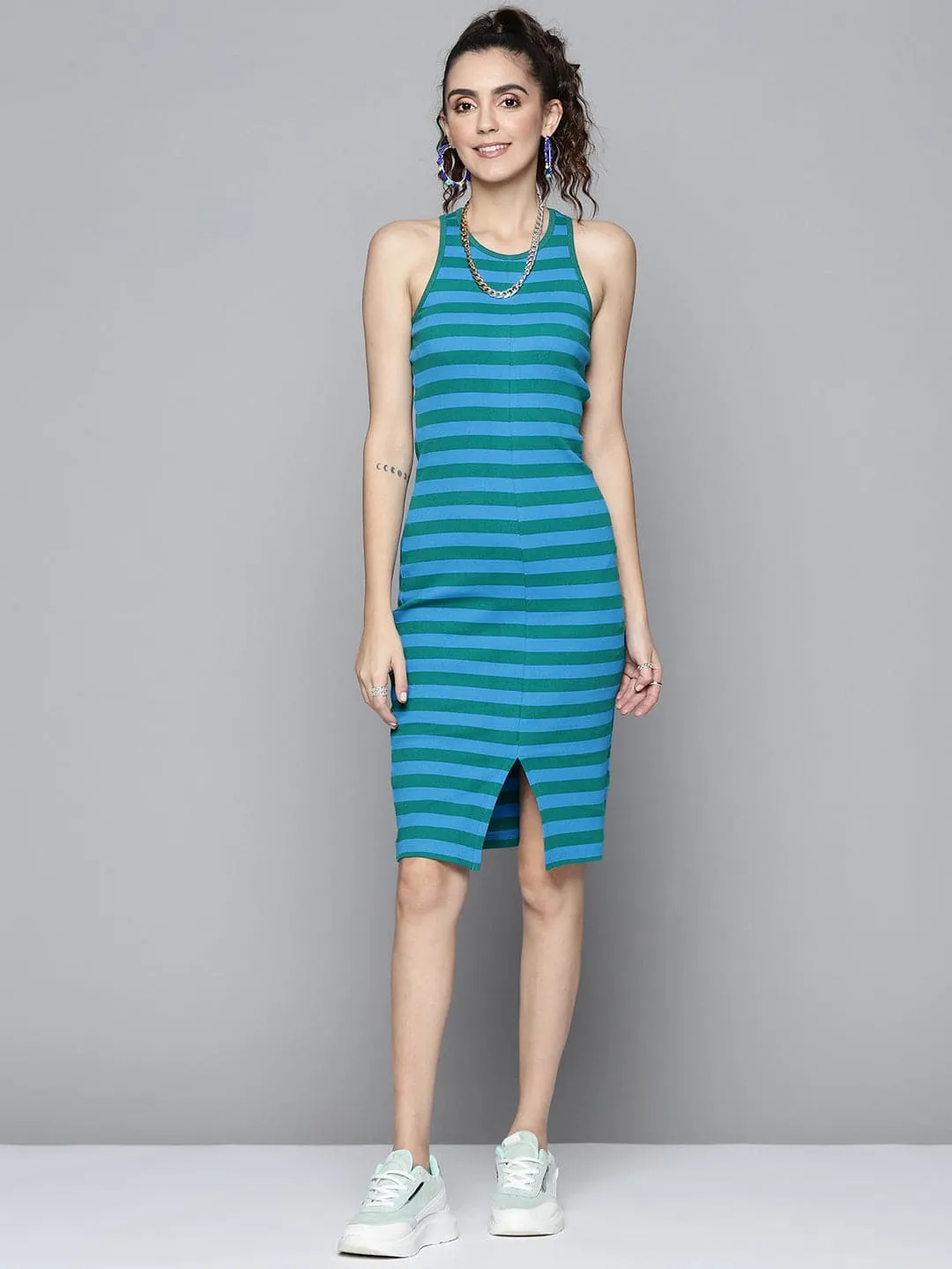 Women Green & Blue Rib Box Back Bodycon Dress