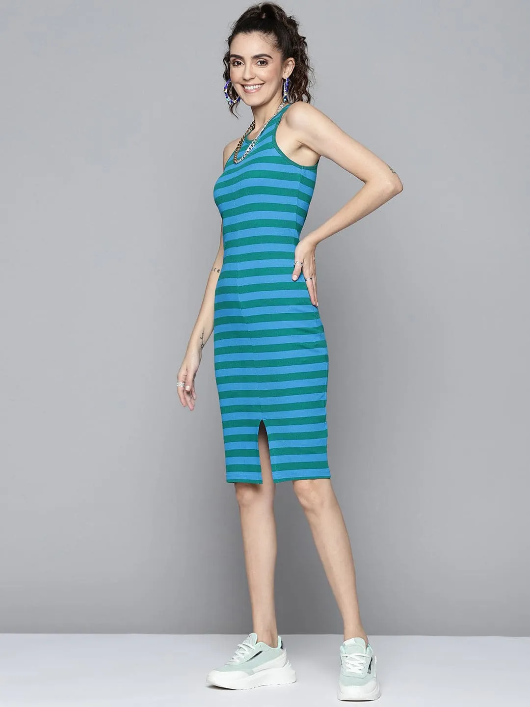 Women Green & Blue Rib Box Back Bodycon Dress