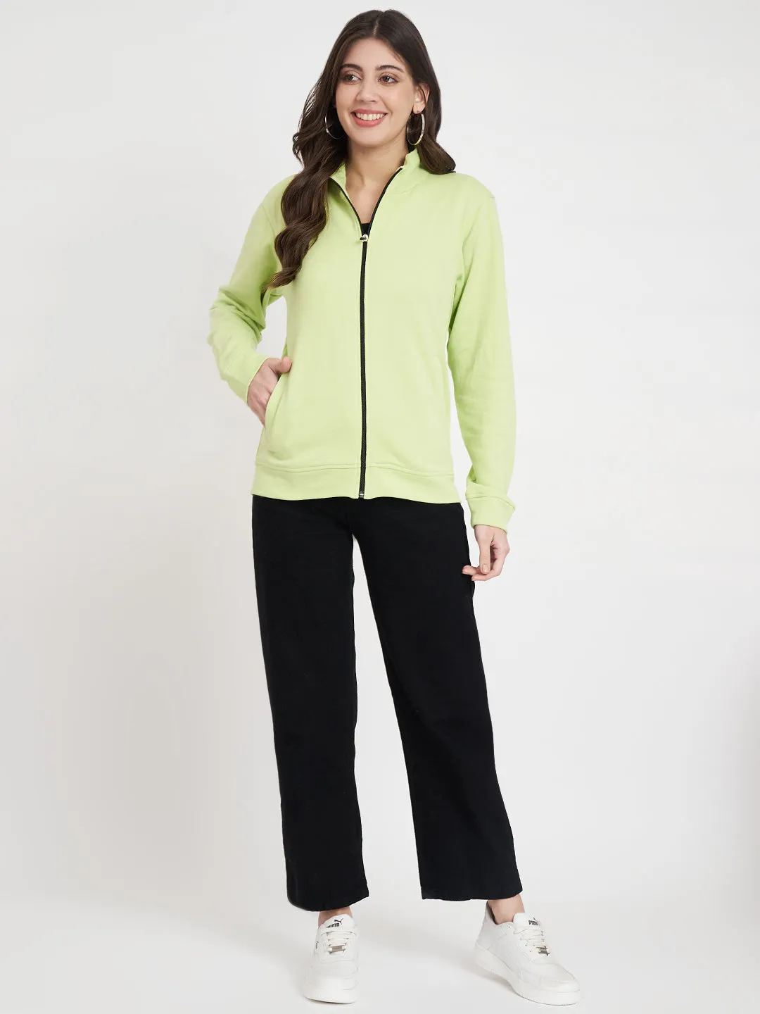 Women Mock Collar Green Bomber Jacket