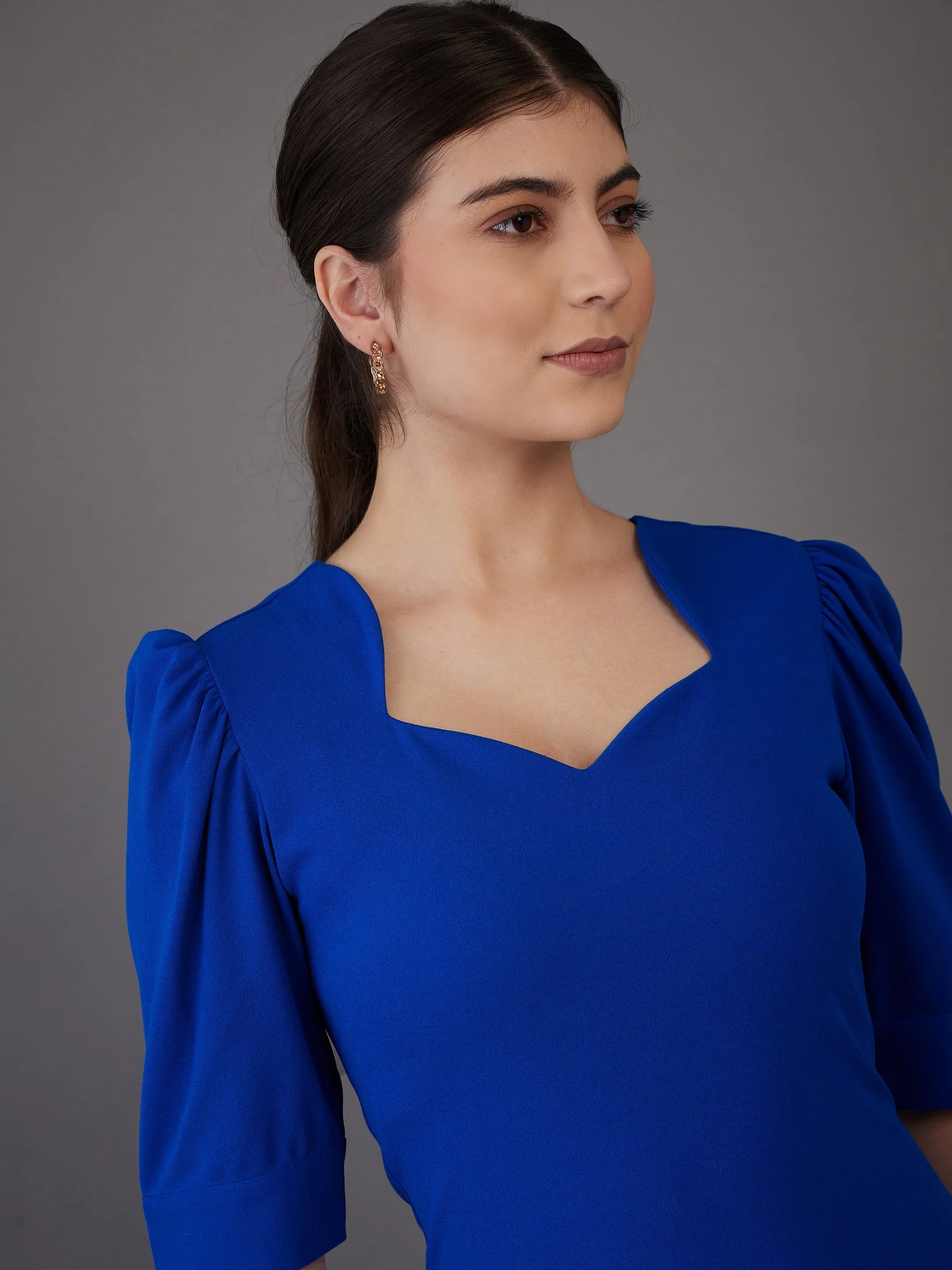 Women Royal Blue Sweetheart Neck Bodycon Midi Dress