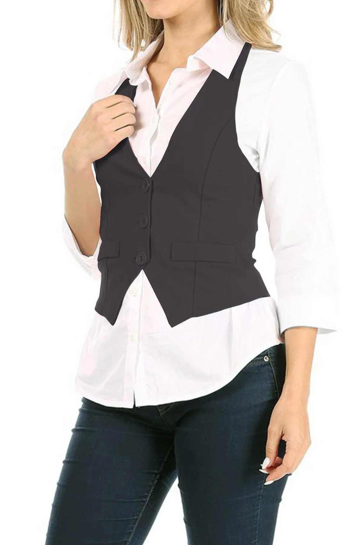 Women's Casual Button Down Racerback Belt Slim Tuxedo Suit Vest Top S-3XL (Pack of 2)