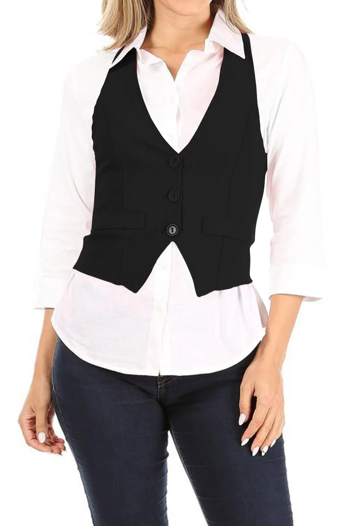 Women's Casual Button Down Racerback Belt Slim Tuxedo Suit Vest Top S-3XL (Pack of 2)